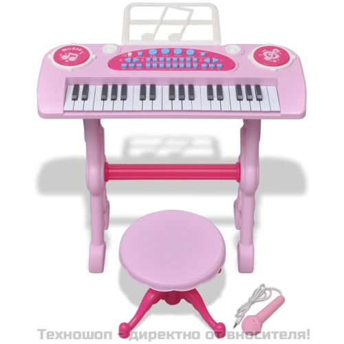 Детско пиано с 37 клавиша, стол и микрофон, розов цвят