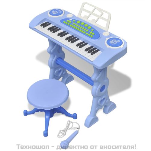 Детско пиано с 37 клавиша, стол и микрофон, син цвят