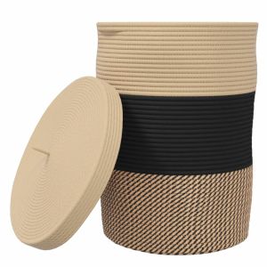 Кош за съхранение с капак черно и бежово Ø37x50 см памук