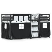 Двуетажно легло със завеси, бяло и черно, 75x190 см, бор масив