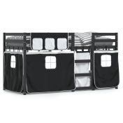 Двуетажно легло със завеси, бяло и черно, 90x200 см, бор масив