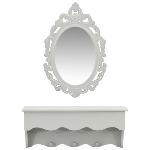Комплект стенен рафт за ключове/бижута с огледало и куки сив