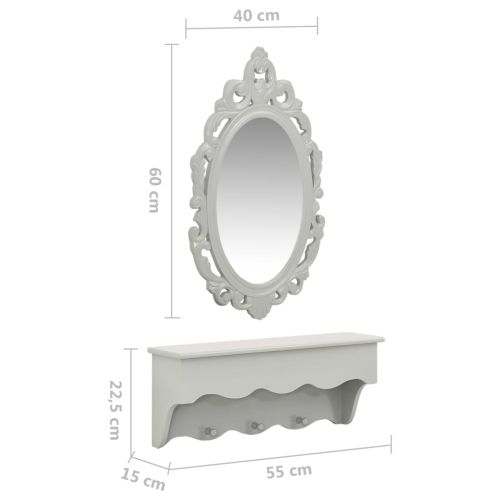 Комплект стенен рафт за ключове/бижута с огледало и куки сив
