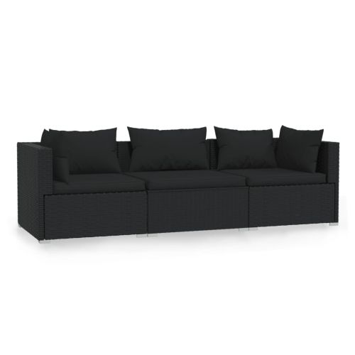 3-местен диван с възглавници, черен, полиратан